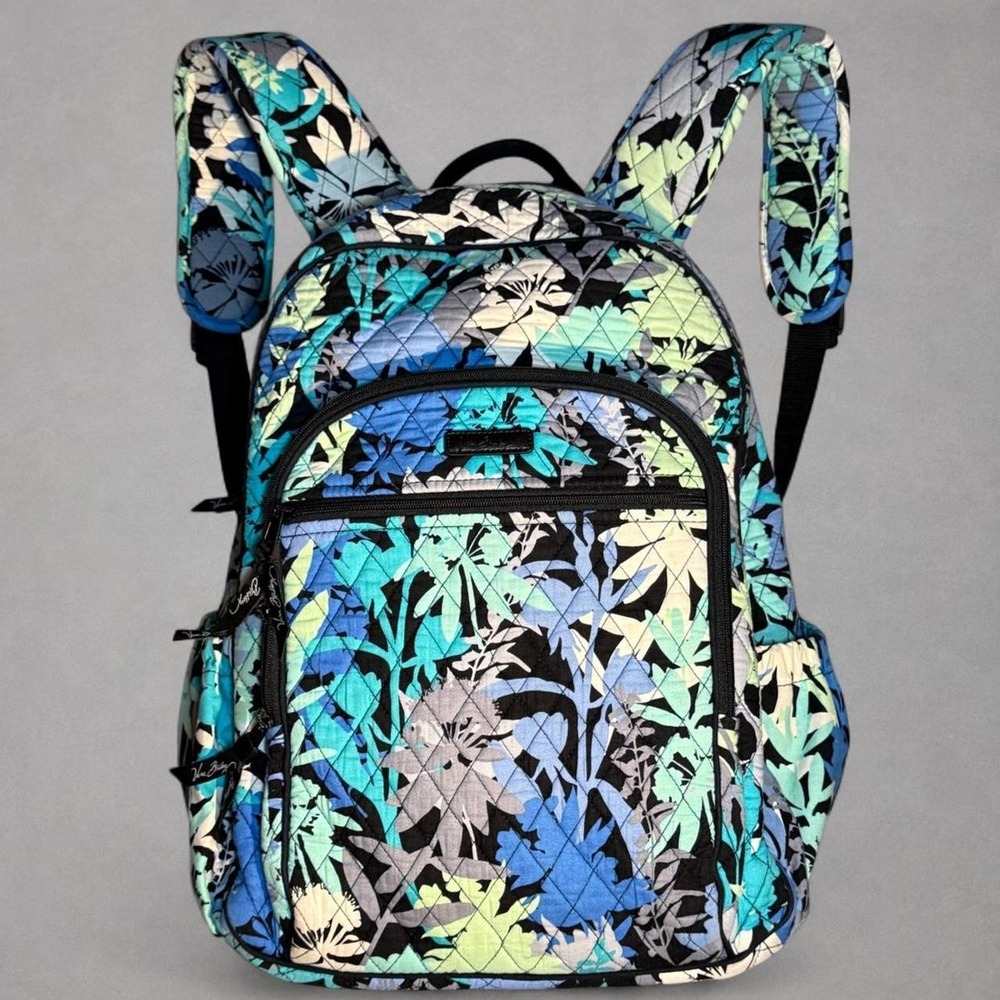 Vera Bradley Quilted Floral Backpack 16" Laptop Travel School Book Bag Blue